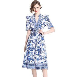 Women's Floral Print V-Neck Button Up Short Puff Sleeve Midi Dress